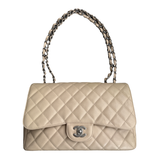 Beige Jumbo Classic Single Flap Bag